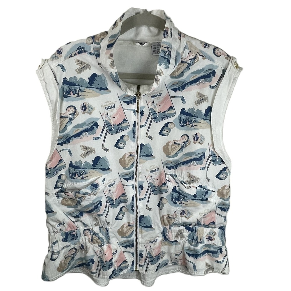 Line-Up Vintage Golf Novelty Print Full Zip Vest White Blue Pink Women Large